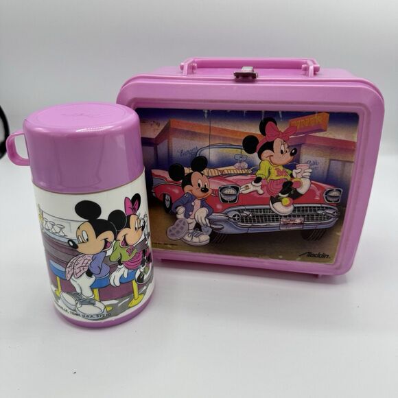 Vintage Mickey Minnie Mouse Plastic Lunch box With Thermos 50s Diner Theme - Picture 1 of 13